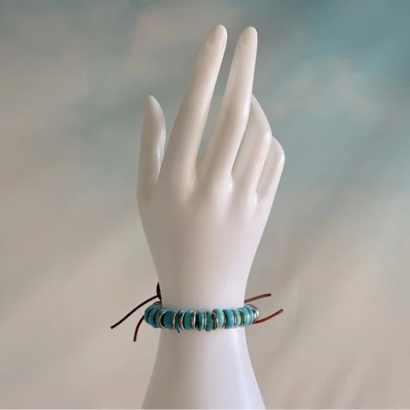 Turquoise Metal and Leather Bracelet - Picture 2 of 6